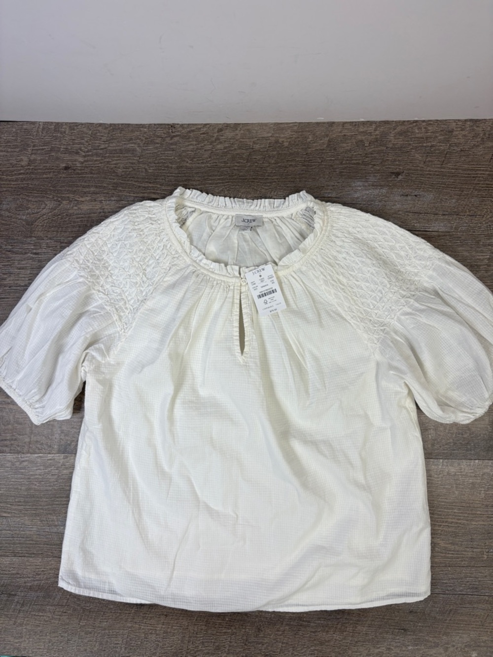 J.Crew Ivory Cotton Blouse Smocked Yoke Puff Sleeve Peasant Top XS NWT